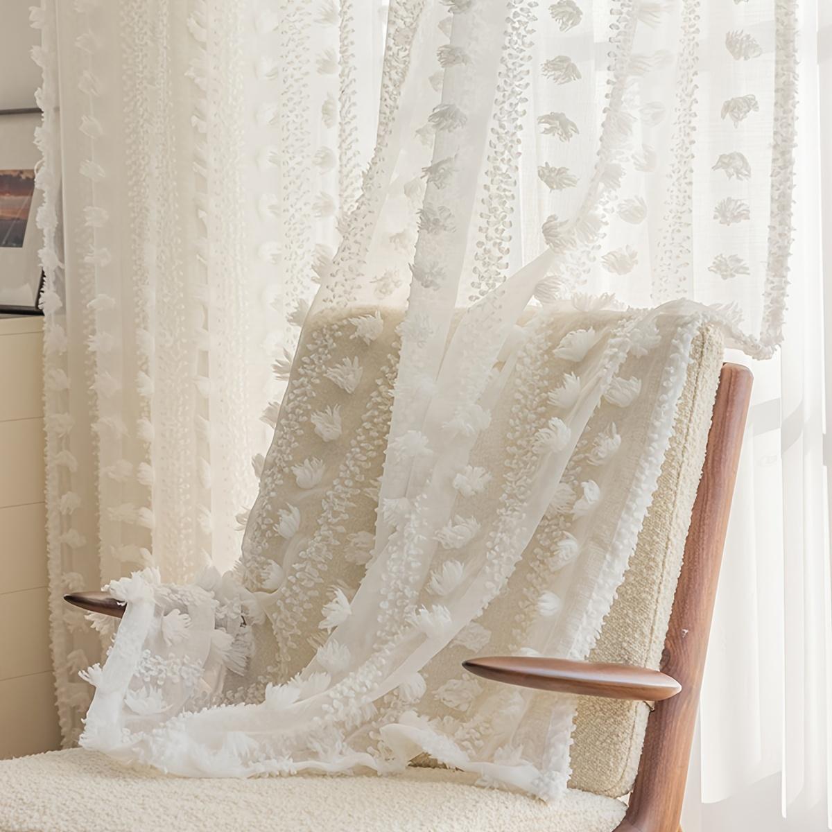 1 STUKS DIY Pure Raam Doorzichtig Tule Wit Pom Doorzichtig Gordijn Pompom Geborduurd Tule Gordijn Woondecoratie Kamerdecoratie W200xH260cm&Rod pocket