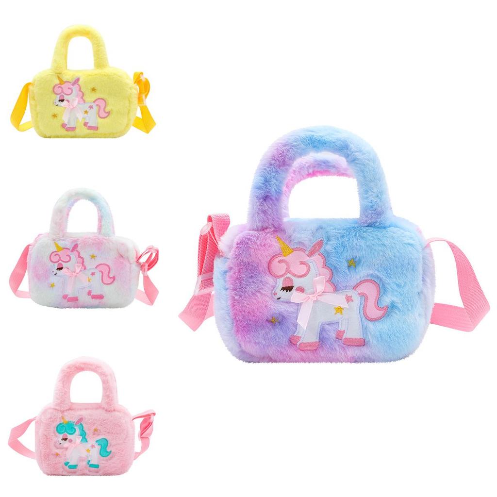 Cute Plush Unicorn Shoulder Bag For Kids Cartoon Design Soft And Fluffy Perfect For Kindergarten And Daily Use Purple