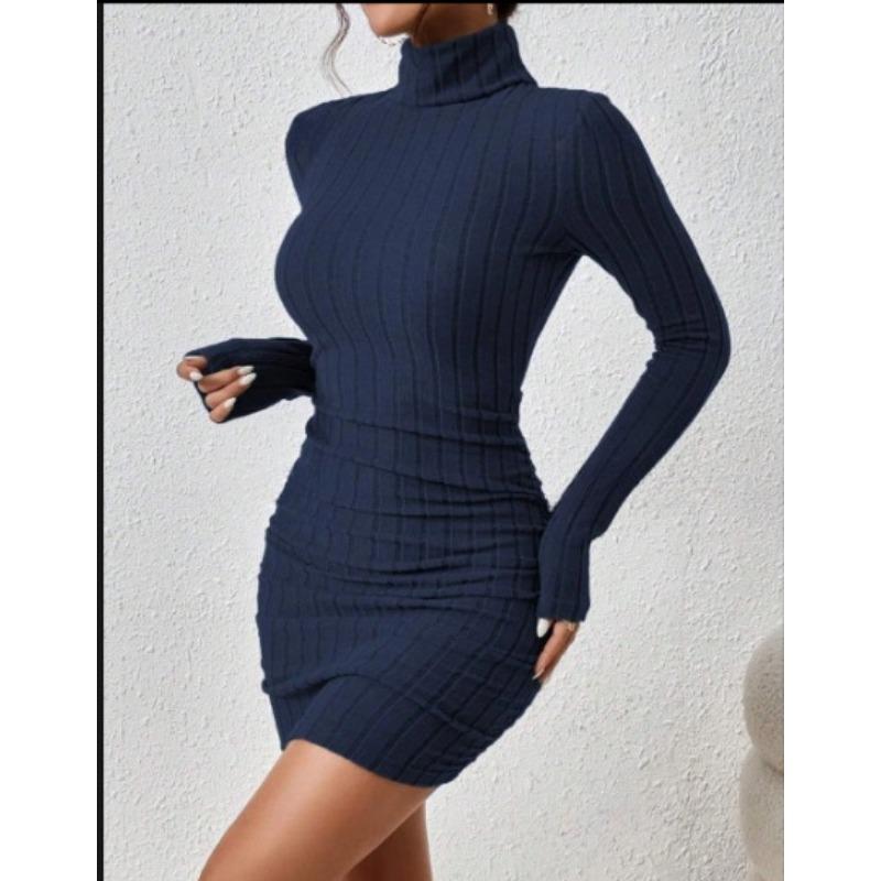 Mode Rollkragen Damen Strick Kurzkleid Herbst und Winter Neu Langarm Rippstrick Hüftbetont Lässige Partykleider Bodycon Schlichte Kleidung 2708