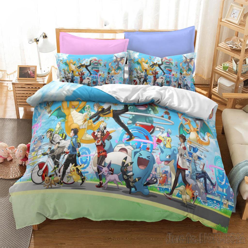 Anime Bandai 3D Home Pokemon Pikachu Bedding Set Baby Duvet Cover Sets Bedclothes Twin Single King Kids Adult Gift