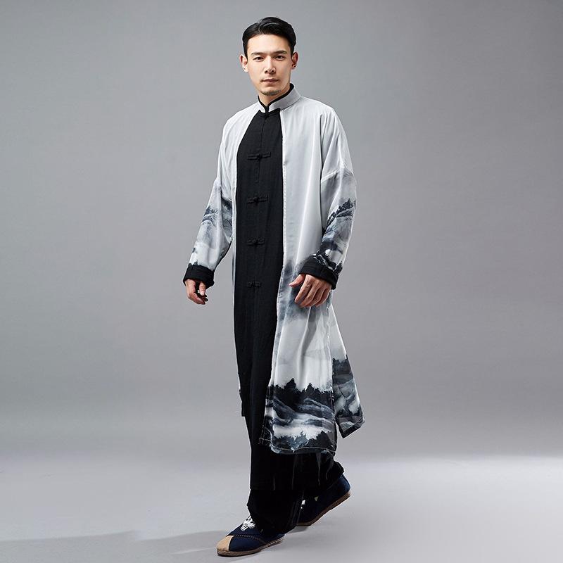 Men's Chinese Style Cotton Linen Long Spring Shirt - National Performance Stage Robe