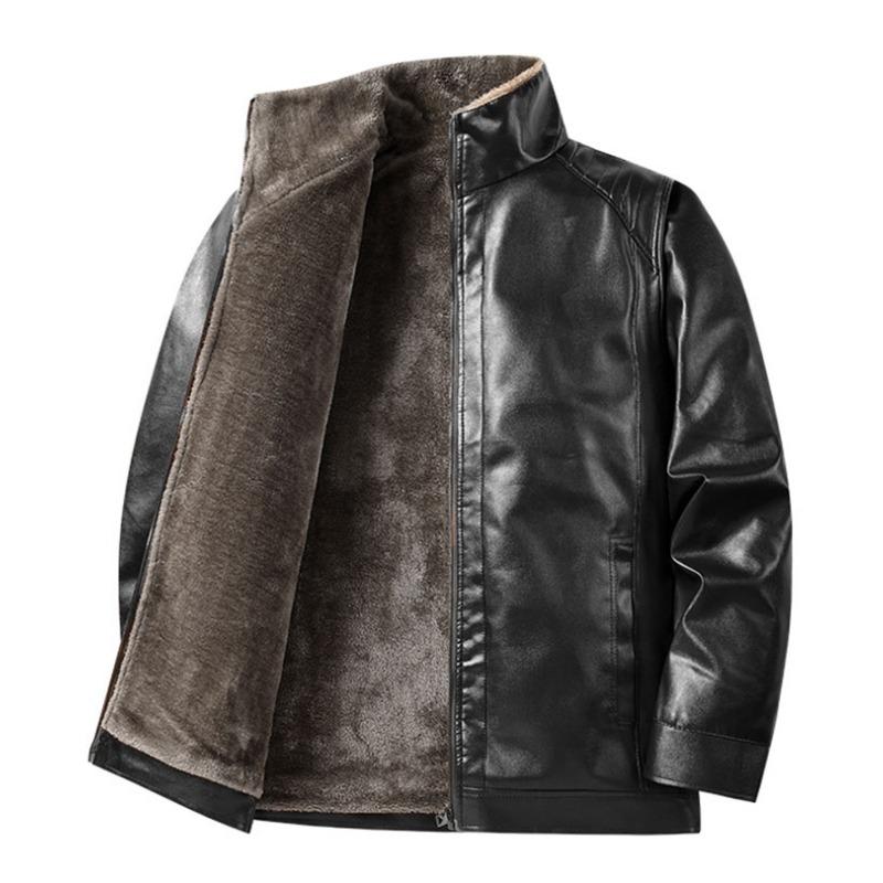 Herbst und Winter Vielseitiger Mantel Reißverschluss Strickjacke Herren Stehkragen Einfarbig PU-Leder Lässiges Oberteil