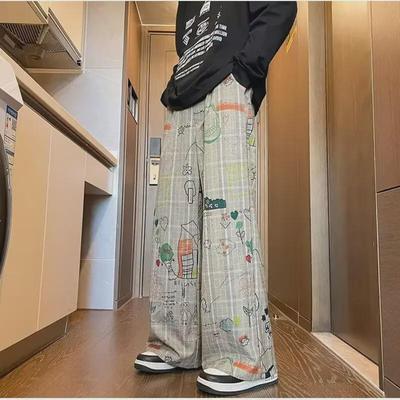 Men's Retro Graffiti Cartoon Wide-Leg Trousers: Loose-Fit, Lazy Style, Oversized, Straight-Leg Pants
