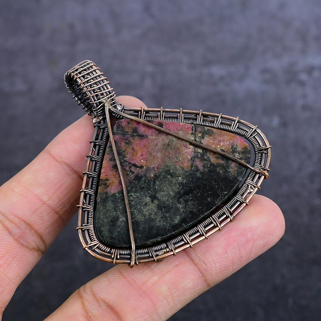 Natural Rhodonite Gemstone Handmade Copper Wire Wrap Jewelry Pendant 2.52" F8m52