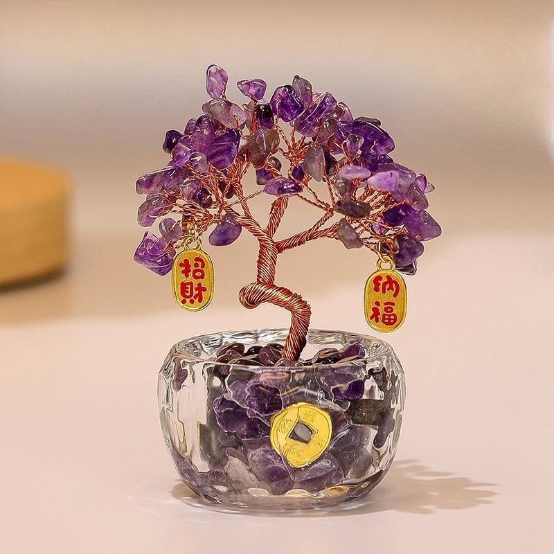 1Pc Natural Citrine Fortune Tree Home Desktop Ornament Lucky Tree Good Luck Amethyst Powder Crystal Cash Cow Gift