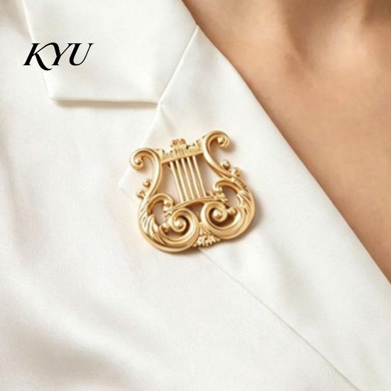 Vintage Harp Brooch European Classical Pin, Golden Plated Musical Instruments Outfit Decor Pin Music Symbol Badge Accessory for Men Women Decorative