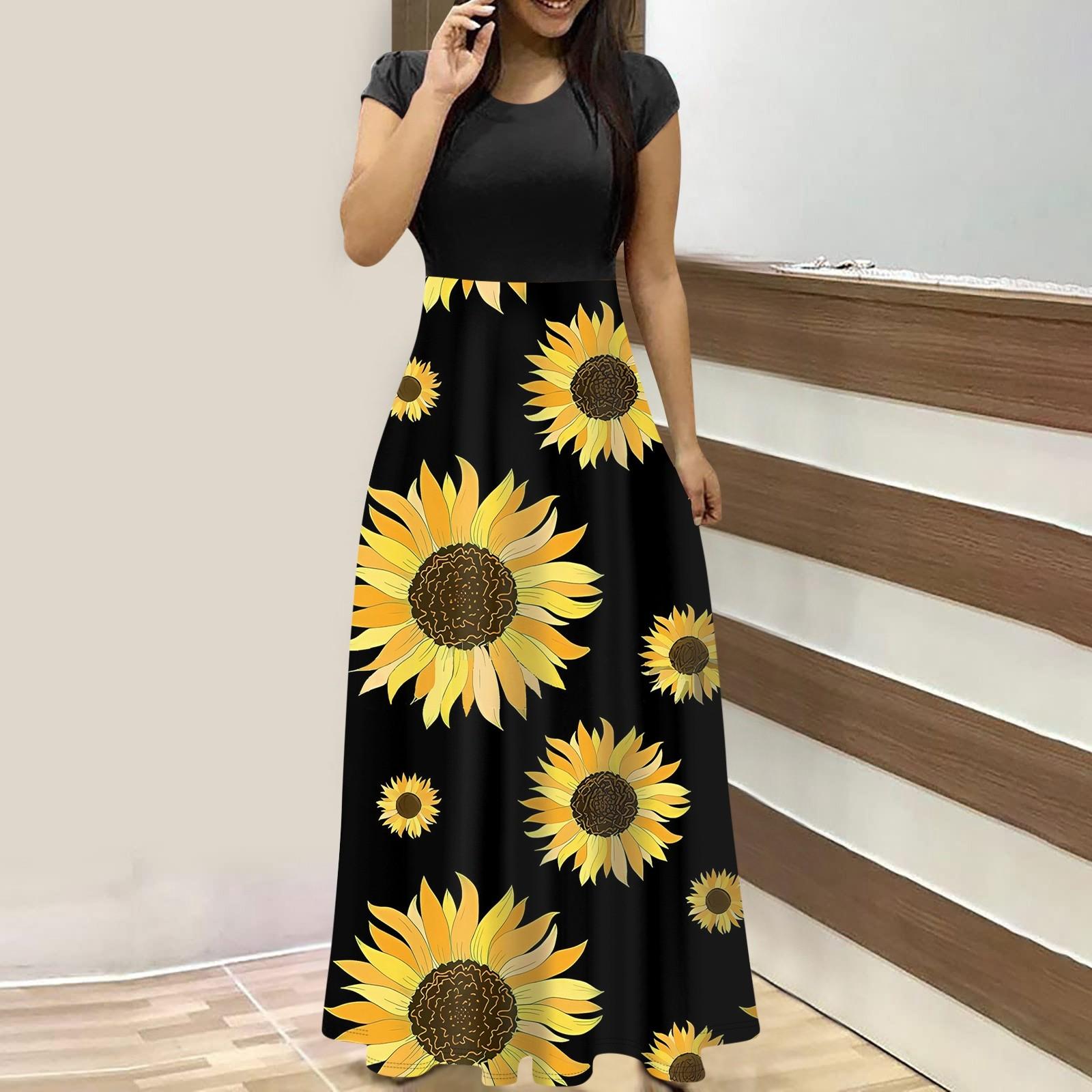 

Женское модное повседневное платье макси с круглым вырезом и короткими рукавами с принтом