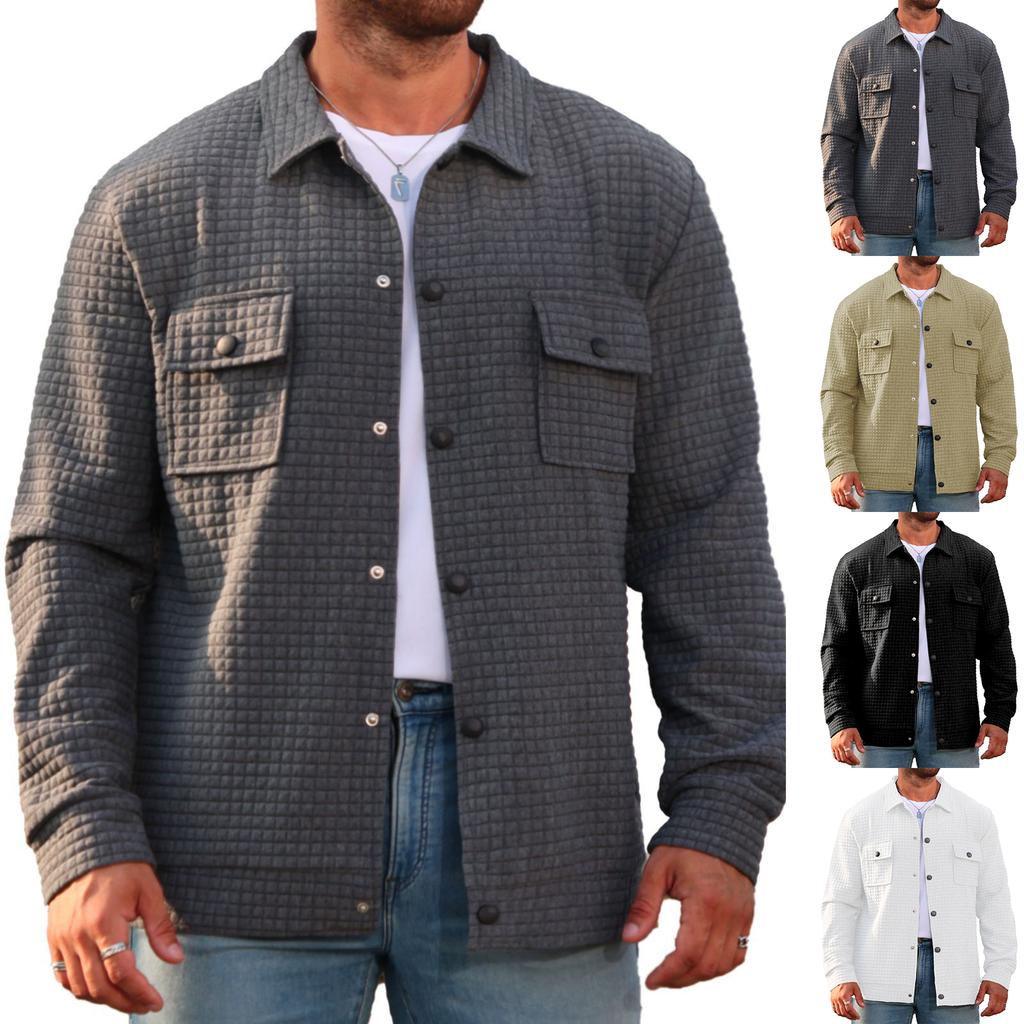 Men's Casual Double-Pocket Lapel Jacket Solid-Color Small Check Loose Long Sleeve Outerwear Shirt