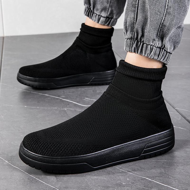 Men's Shoes Autumn New High-top Couple Socks Casual Shoes Large Size Thick Baseplate Shoes Breathable Fly-woven Mesh Sneakers