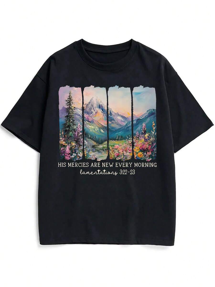 

100% Cotton, Mountain Beauty Printed T-Shirt, Suitable For Daily Wear, Easy To Wear In Summer 5XL різнокольоровий
