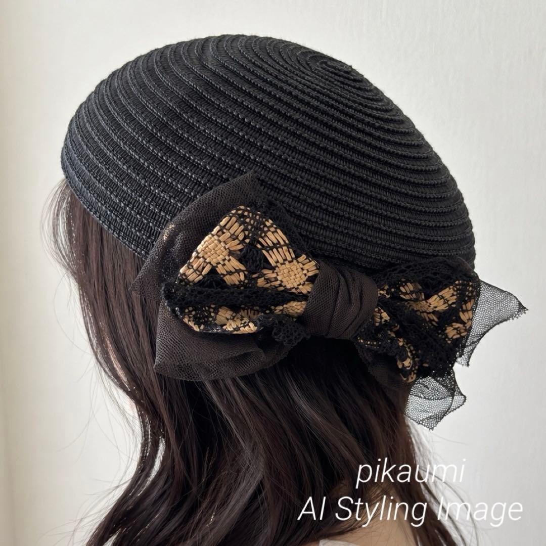 Used CA4LA Ribbon Tulle Beret Black Paper Made in Japan Summer