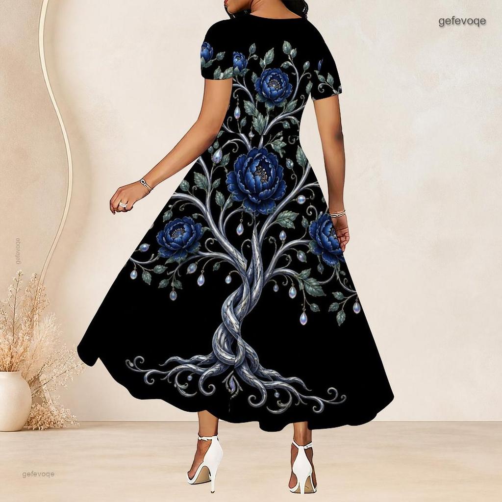 Women Plus Size Round Neck Short Sleeve Black Printed Gathered Waist A Line Long Dress