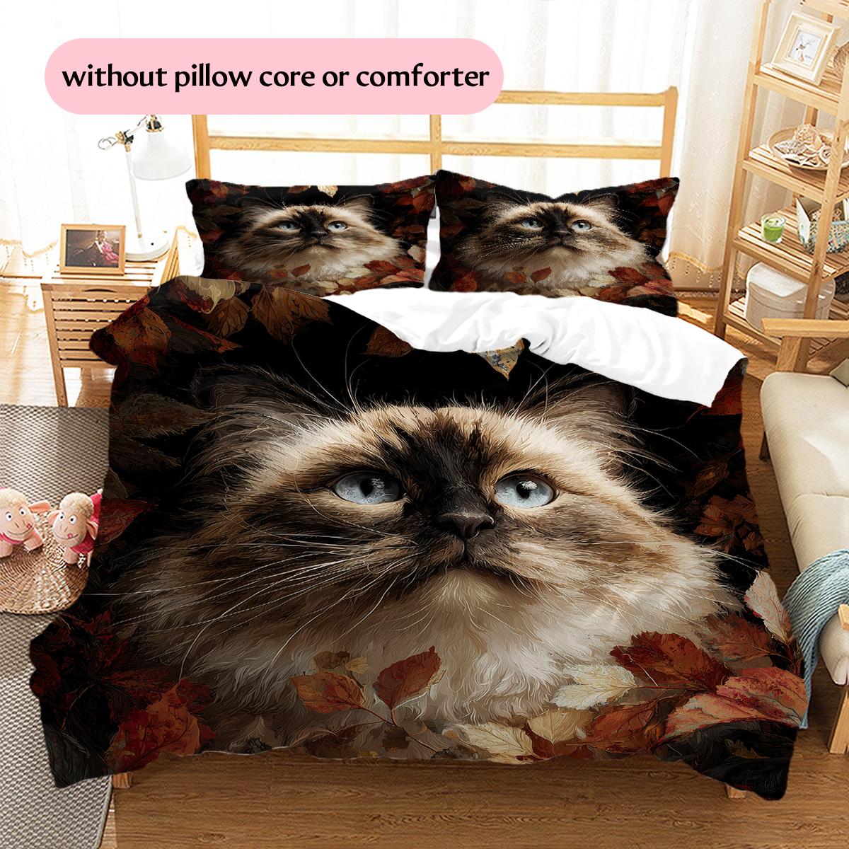 Black Ragdoll Cat Pattern Bedding Home Decoration Birthday Gift (1 * duvet cover + 2 * pillowcase, without core) 135x200cm