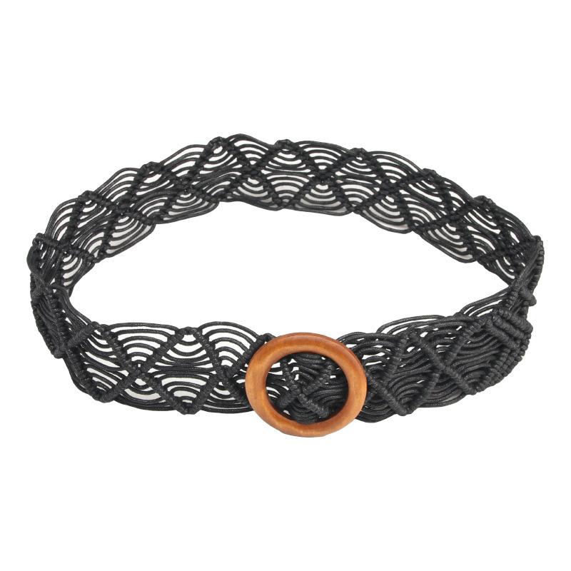 New Ethnic Style Women's Wax Rope Braided Belt Decorative Skirt Belt Hand-woven Hollow Wooden Buckle Belt