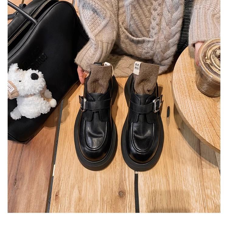 Grape Mother Has the Same Style, and It Will Not Fade~ Washed Shrinkage Horse Skin Thick-soled Small Gold Buckle Loafer Single Shoes and Small Leathe