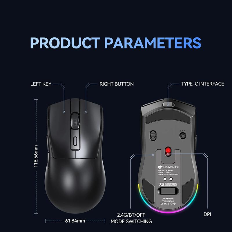 X3 Wireless Bluetooth Mouse 2.4G Dual-Mode Connection, 2000DPI Adjustable,Lightweight Gaming Mouse,RGB Light,300mAh Battery Capacity