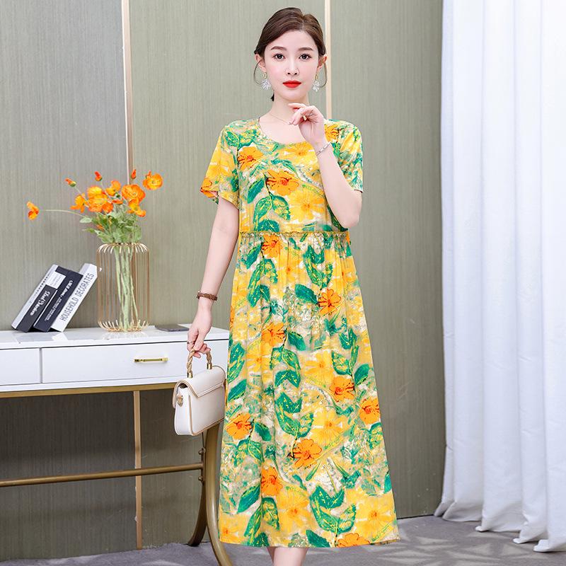 Plus Size Floral Cotton-Silk Dress for Women - Summer Fashion, Elegant Long Swing Dress