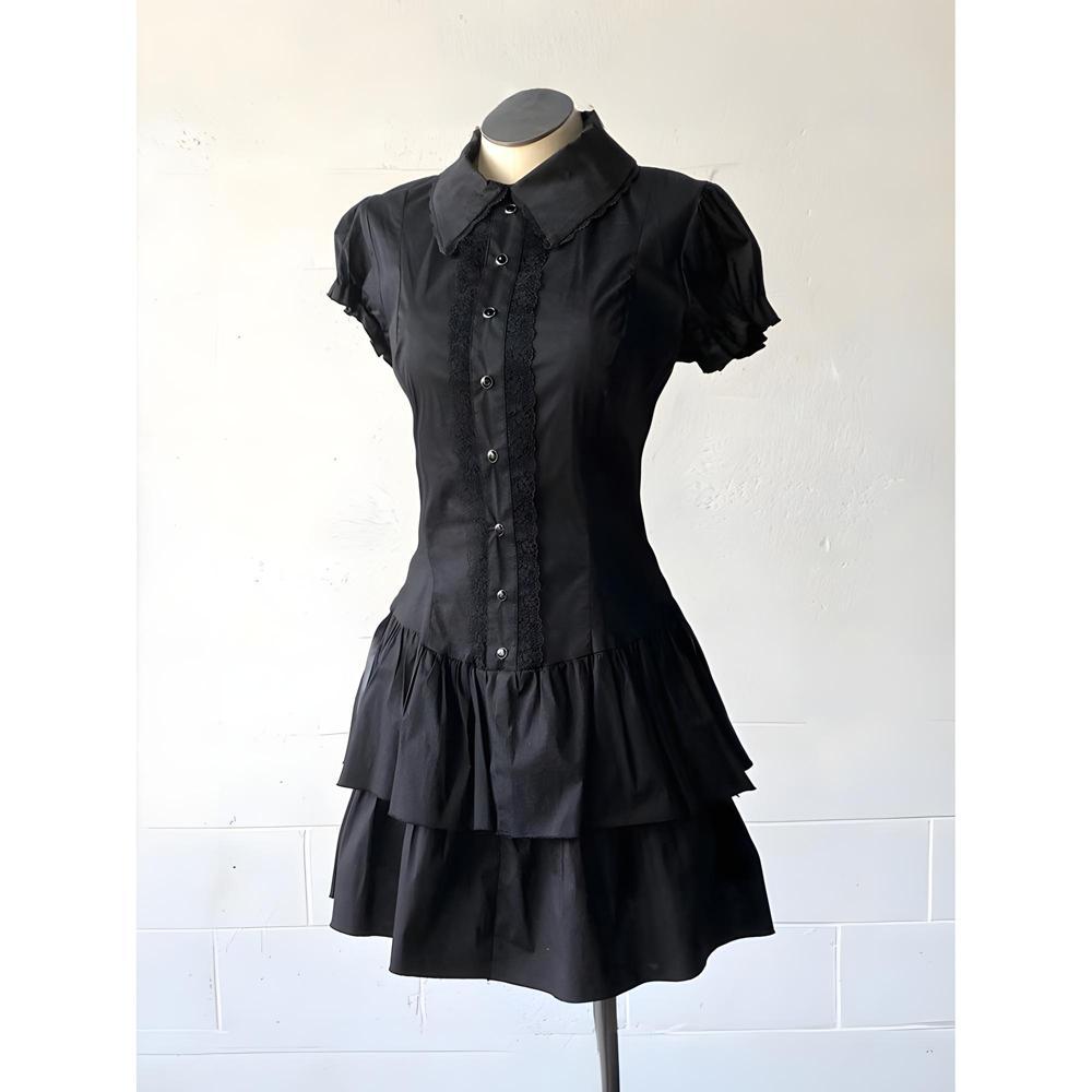 

Винтажные наряды, преппи кружевная отделка, синее ретро повседневное темпераментное платье-рубашка, юбка в винтажном стиле M- (recommended 90-50 kg) чёрный