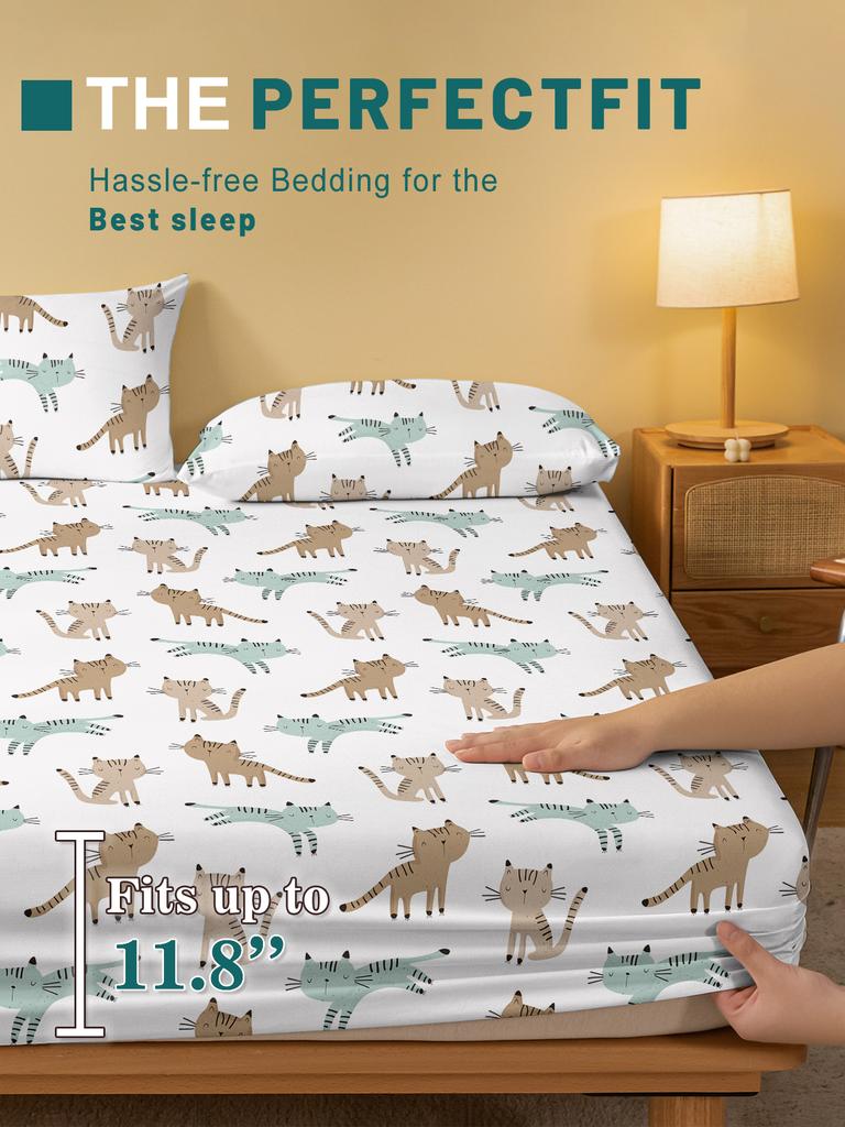 1 Cartoon Cute Animal Cat Printed Matte Fitted Sheet, Bedroom Printed Bed Cover, Bedding (Excluding Pillowcases)