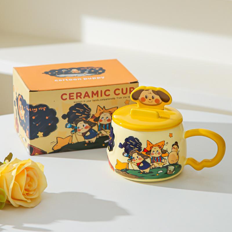 Creative Cartoon Ceramic Cup with Mobile Phone Holder Cover, Home Office Water Cup Gift Box, High Value Hand-painted Wind Mug