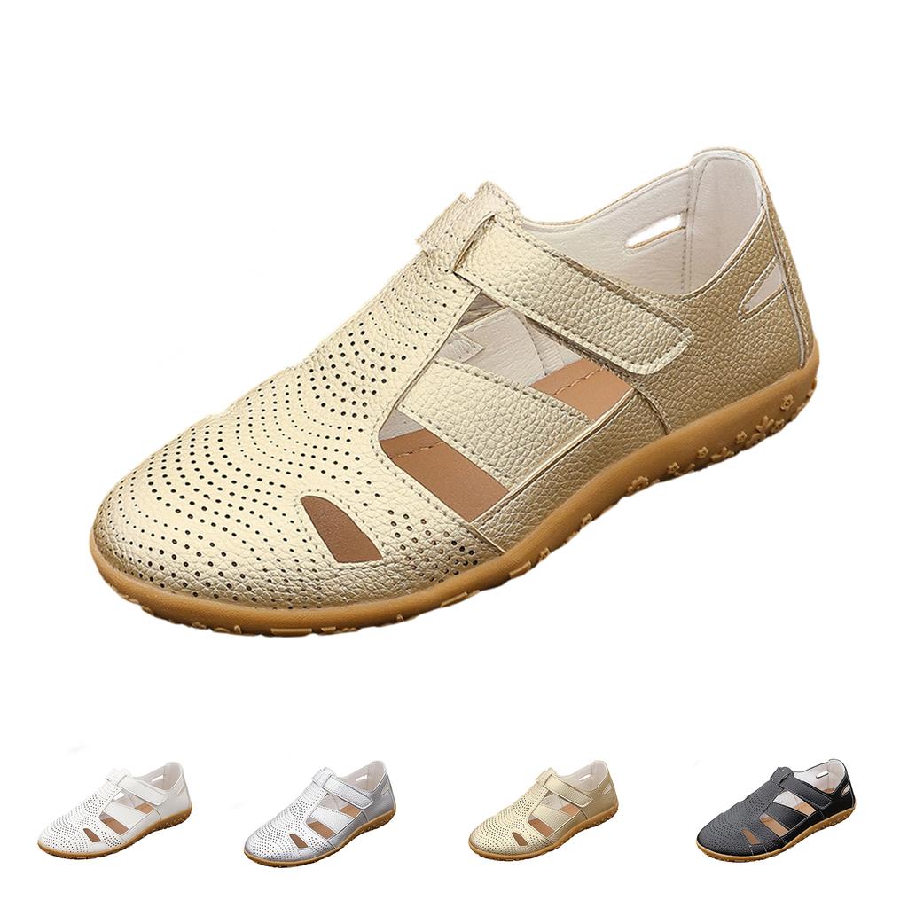 Women's Summer Hollow Out Flat Shoes Breathable Casual Slip On Hook and Loop Fastener Soft Sole Lightweight Walking Shoes