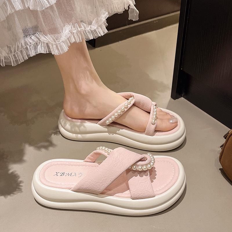 Fashion Cool Slippers 2025 Summer New with Skirt Fairy Wind Beaded Thick Bottom Cross Beach One Word Cool Slippers