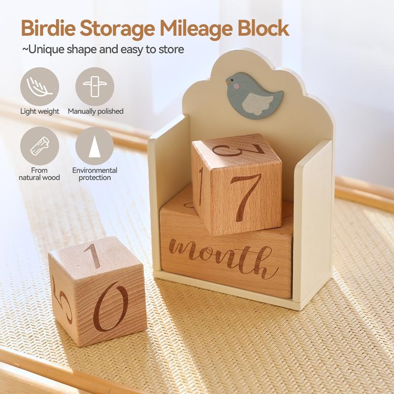 Baby Wood Milestone Photography Accessory Toy Cartoon Bird Time Recorder Box Baby Room Decoration Baby Anniversary Baby Gifts