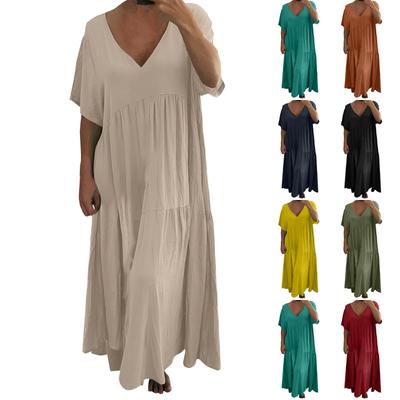 Dámske módne šaty s výstrihom do V, jednofarebné, voľné, dlhé, veľké, s krátkym rukávom