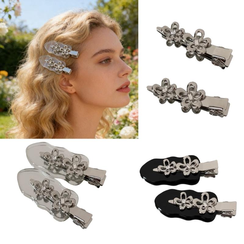 Punk Barrettes Hair Clip Floral Sweet Metallic Flower Flat Clip Hairpin Flower Floral 2000s Hair Clip for Bunches