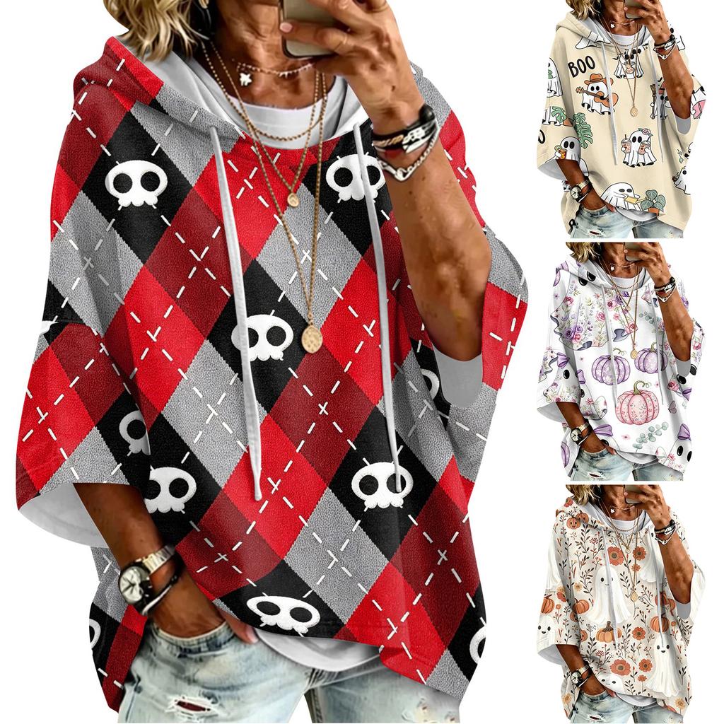 Women's Halloween Print Hooded Sweatshirt Casual Loose Fit Pullover Top