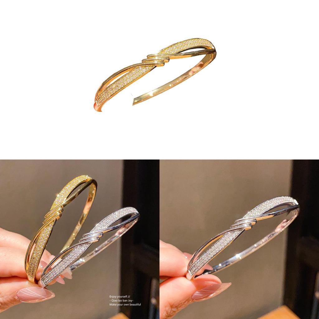 Copper Zircon Wave Pattern Bangle With Gold Plating For Fashionable Women