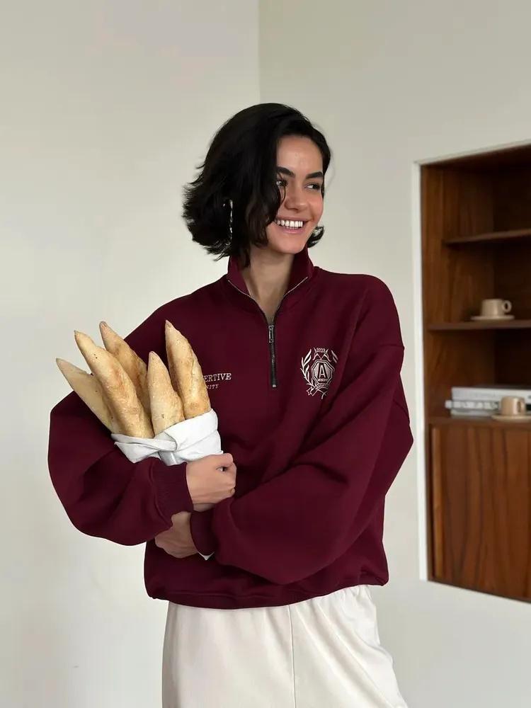 ,Modische Winter Oberbekleidung Halber Reißverschluss Stehkragen Umlegekragen Sweatshirt Lockeres Oberteil