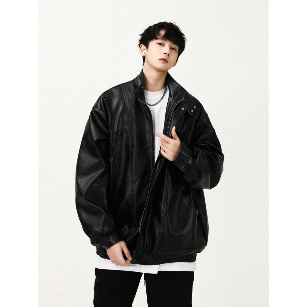 

Locomotive clothing men s trendy brand loose tooling PU leather jacket autumn high street trend casual ruffian handsome stand-up collar jacket XXL чёрный