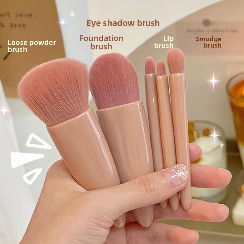 Mädchen Tragbares 5-teiliges Make-up Pinselset mit Spiegel, Weichborsten Puderpinsel, Foundationpinsel, Mini Multifunktional