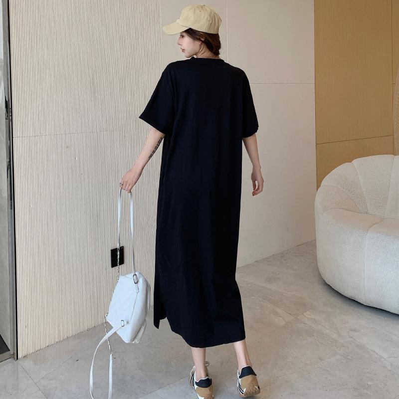 Lazy Wind Korean Short-sleeved Dress Women's Clothing Summer Loose and Thin Straight Casual Round Neck Long T-shirt Skirt
