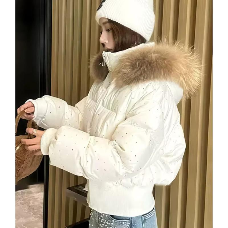 Winter Fur Collar Hooded Padded Short Coat Women Shiny Rhinestone Puffer Jacket Casual Zip Up Outerwear