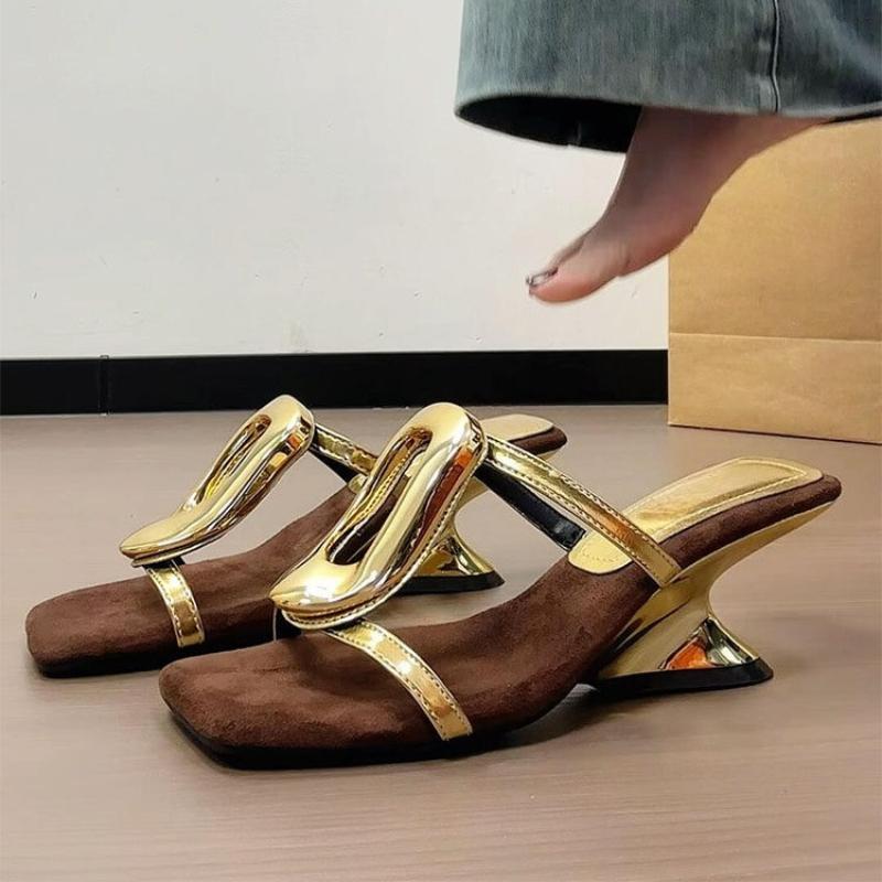

Fashion Square Toe High Heels Women Slippers New Sandals 2025 Trend Summer Chunky Shoes Designer Flip Flops Dress Party Pumps Zapatos 34 золотой