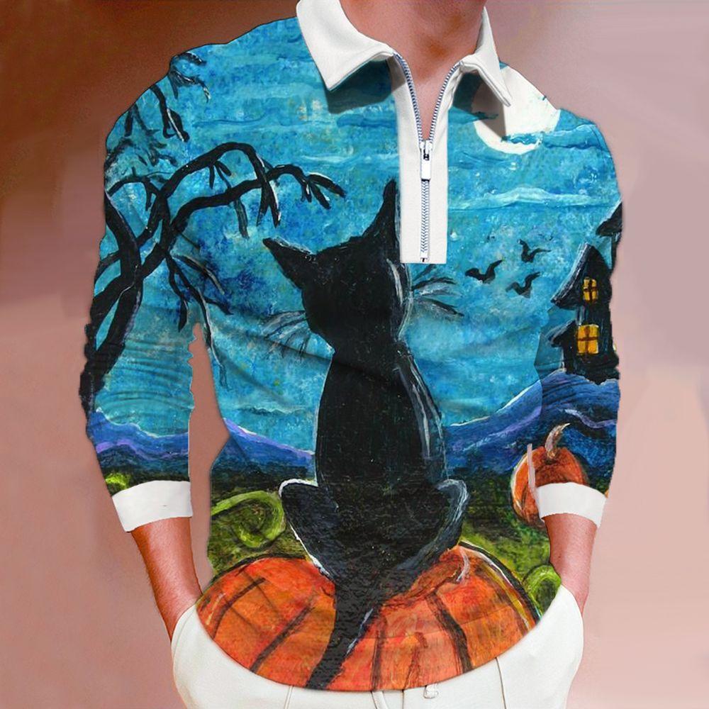 

Мужские рубашки поло с длинным рукавом, модная футболка с принтом глупого котенка, новая мужская рубашка поло, футболка на молнии с длинными рукавами, топ