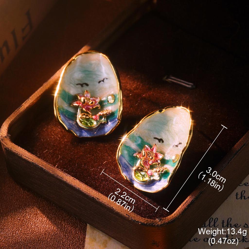 Retro Flower Love Earrings Natural Pearl Oil Painting Series Niche Female Stud Earrings Geometric High-end Earrings