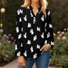 Cămașă de damă la modă și casual cu mânecă lungă, decolteu în V, nasturi și imprimeu, top bluză
