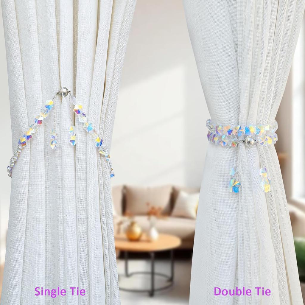 Magnetic Curtain Tiebacks,Crystal Beads Rope Drapery Holdbacks Holder for Small,Thin or Sheer Window Draperies,15 Inch Long,2 Pack (Flower)