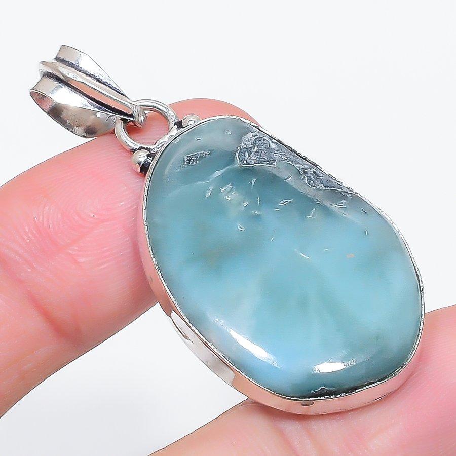 Natural Larimar Gemstone Handmade 925 Sterling Silver Jewelry Pendant 1.97" G0o88