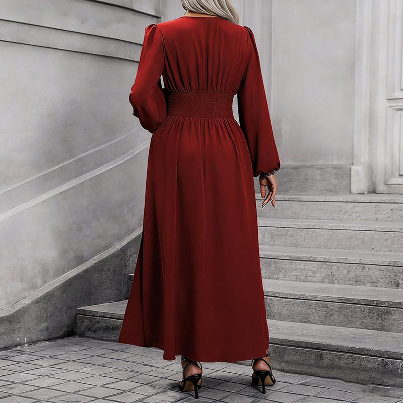 Women's Puff Sleeve Smocked High Slit Dress Fall Winter Elegant Party Dress for Women