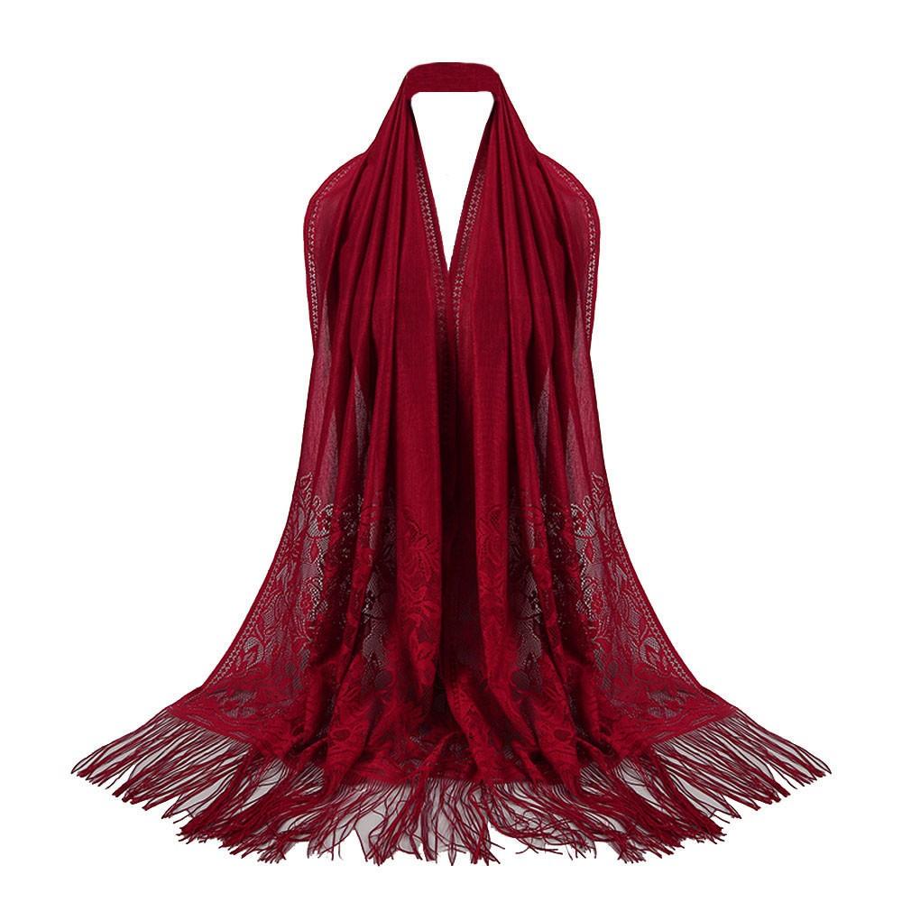 Women Muslim Islamic Tassel Lace Hollow Long Hijab Scarf Shawl Wrap Stole
