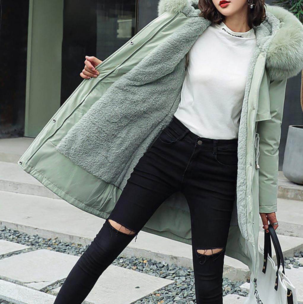 Women's Fashion Casual Solid Color Hooded With Plush Medium-length Long-sleeved Zipper Button Cotton Coat Jacket