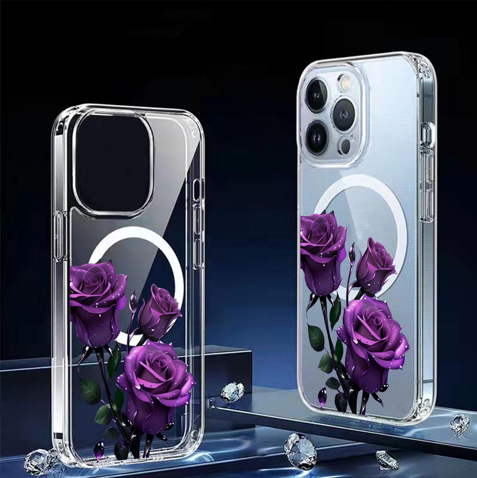 Purple Flower Magnetic Clear Case for iPhone 15/16/17 Pro Max - Full Coverage Protection iPhone 16 Pro Max