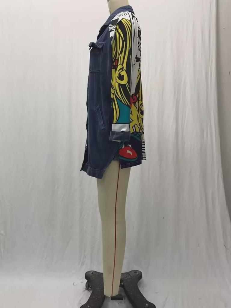 Dámská džínová větrovka s abstraktním vzorem 2025 - kreativní sestřih, volná sepraná bunda