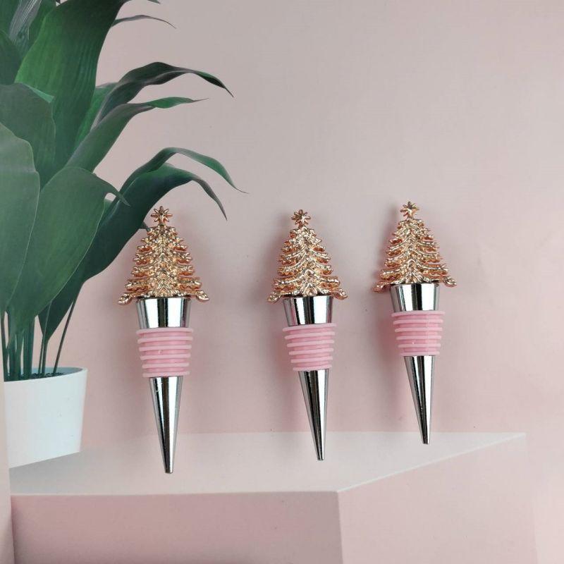 1pc Pink Rubber Rose Gold Christmas Tree, Christmas Wine Stopper, Champagne Stopper