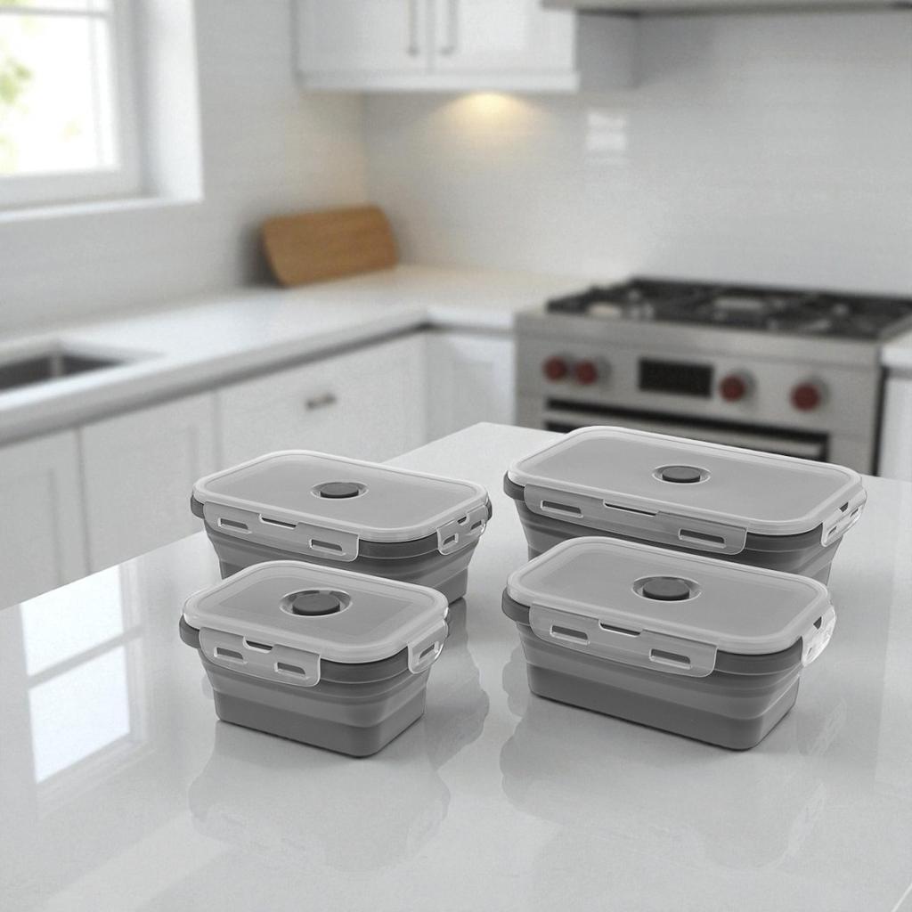 Zestaw 4 Silikonowych Składanych Pojemników Na Żywność Pokrywami 3345