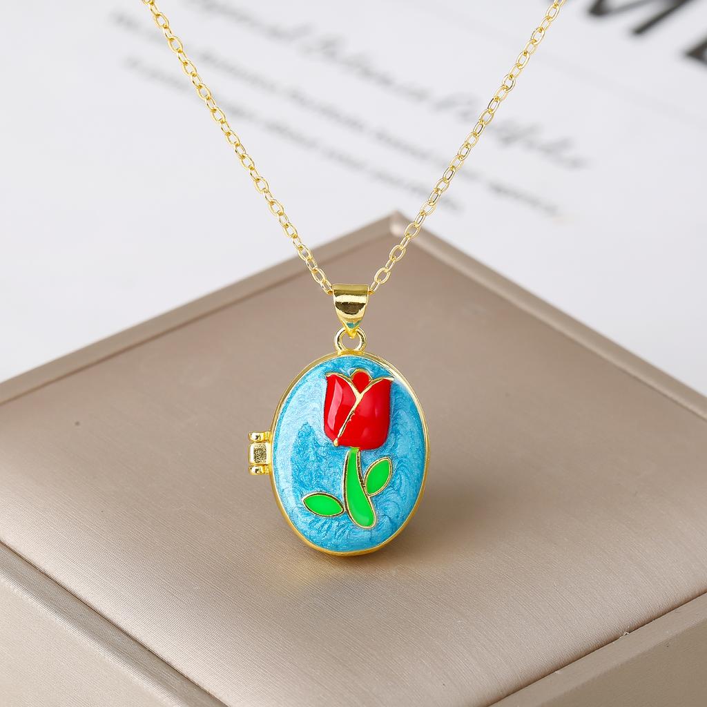 Openable Colorful Tulip Oval Photo Box Necklace Women's Gold Plated Chain Cute Flower Pendant Necklaces Trendy Jewelry For Girls